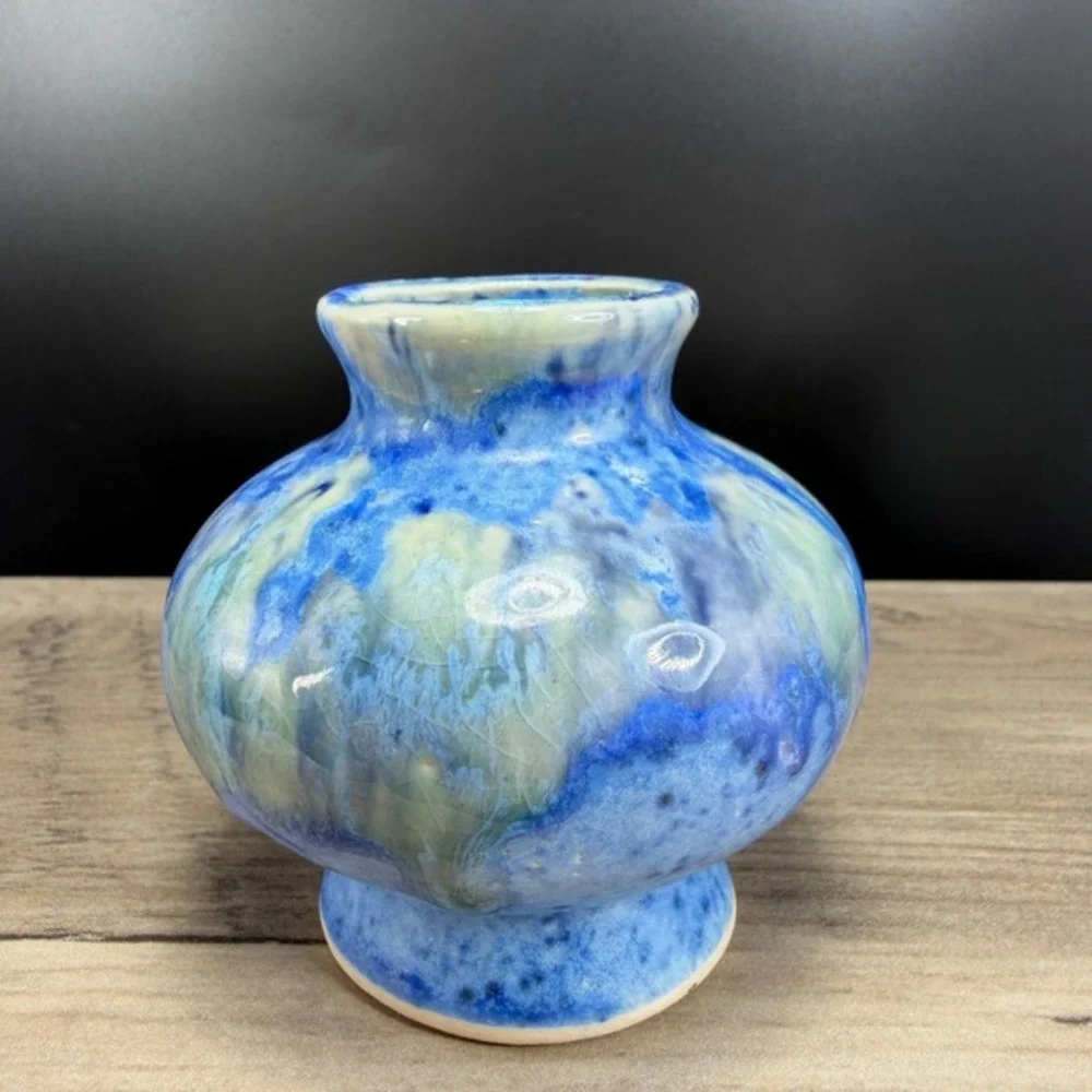 JSP Studio Pottery Bud Vase Blue Drip Glaze Ceramic Small Bud Vase Vessel 3 Inch